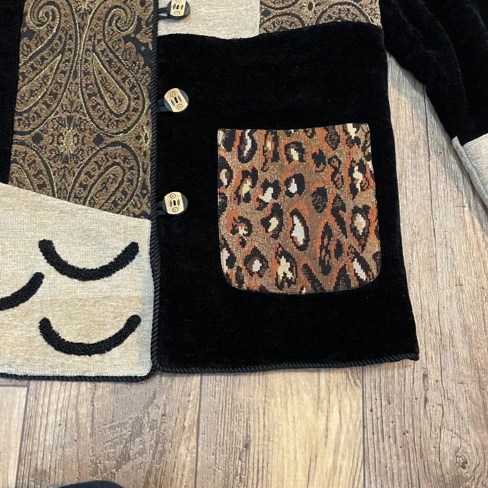 Indigo Moon Patchwork Tapestry Leopard Paisley Velvet Artisan 90s Jacket XS‎